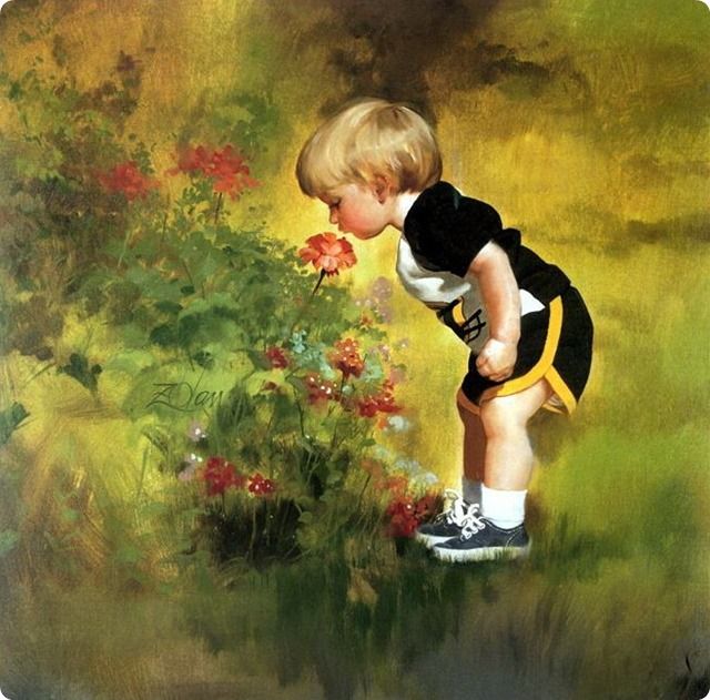 painting  boy smells flowers